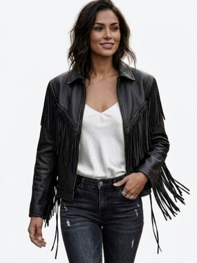 Women's Fringe Leather Jacket Black Braided Cinch Waist Sz 12 EUC